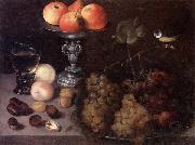 Georg Flegel Still life of grapes on a pewter dish,together with peaches,nuts,a glass roemer and a silver tazza containing apples and pears,and a blue-tit Sweden oil painting artist